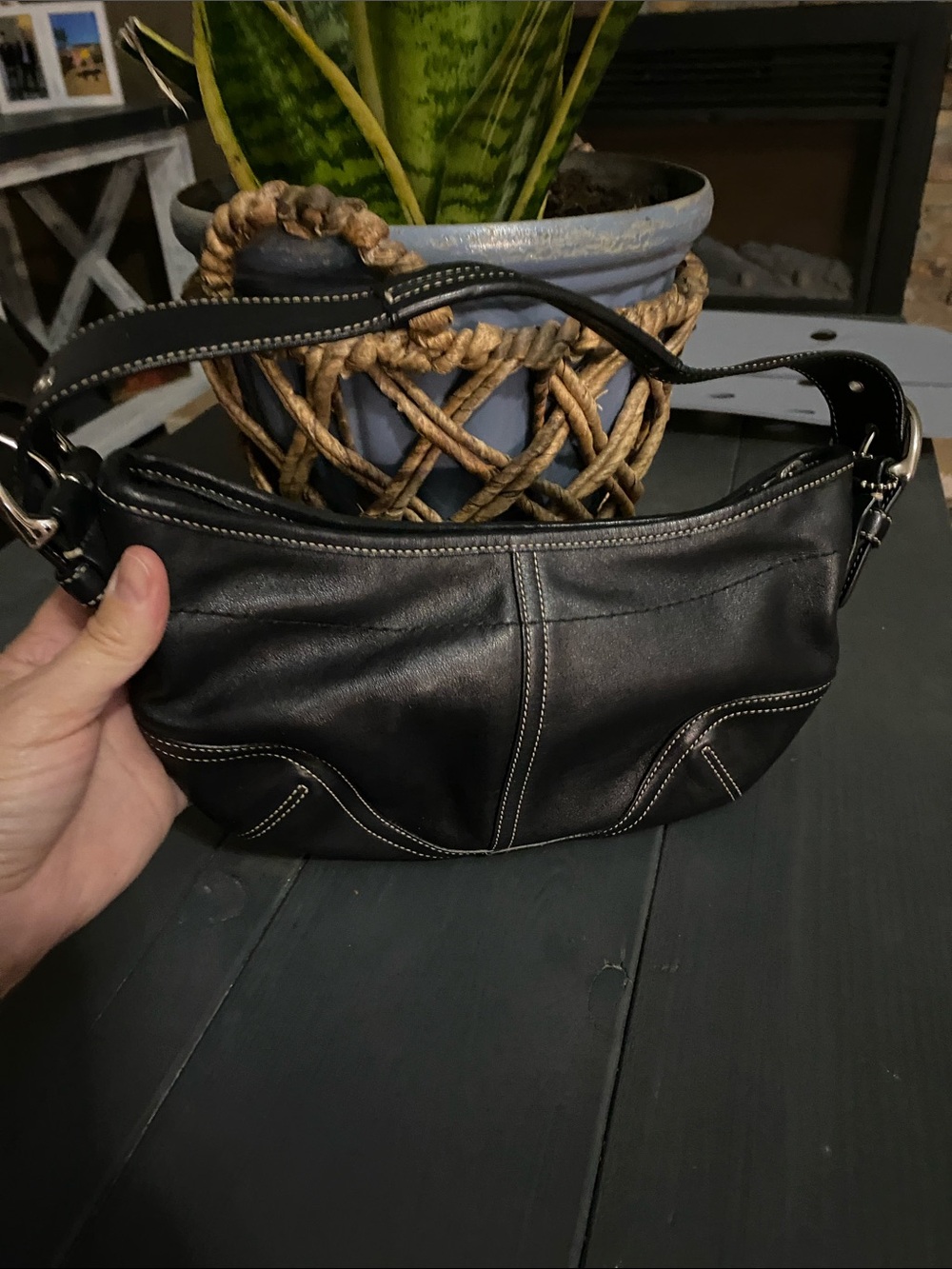 Coach Black Leather Shoulder Bag with Contrast Stitching